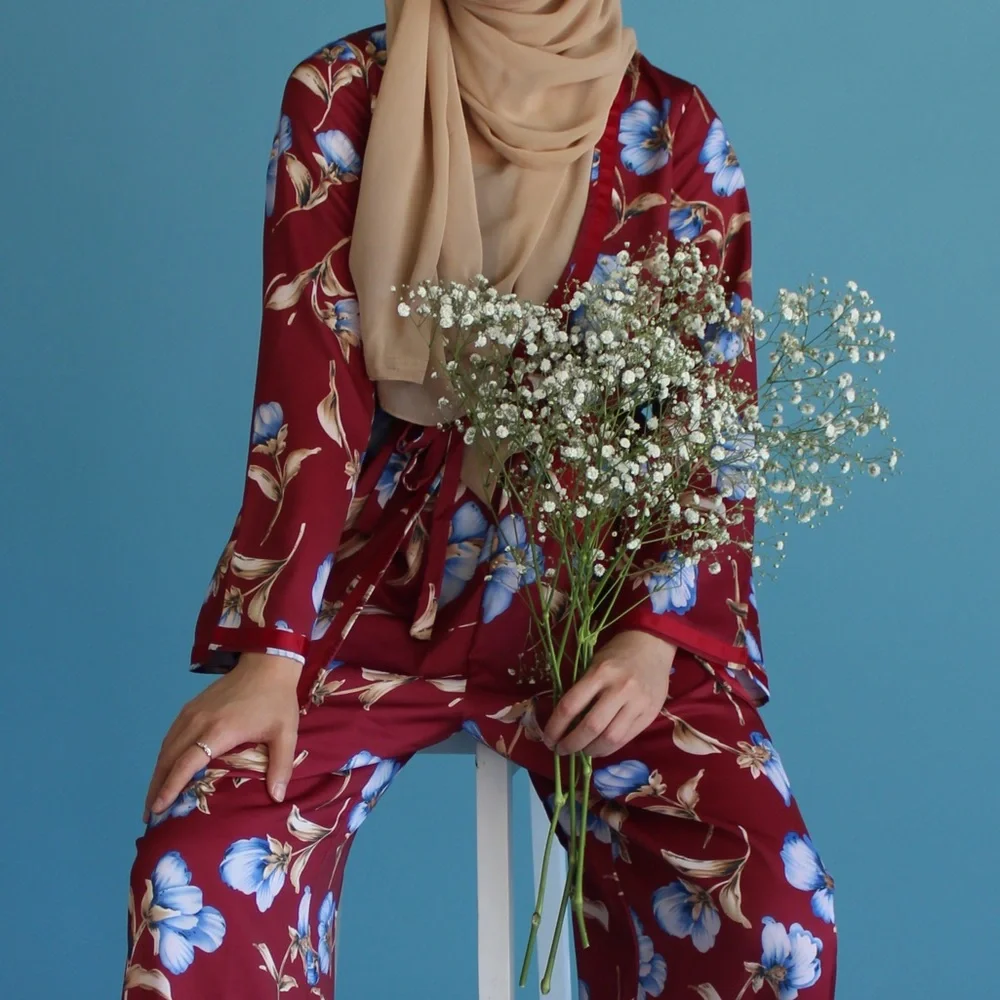 Maroon Floral Pajama midi cardigan and pant set - Picture 3 of 3